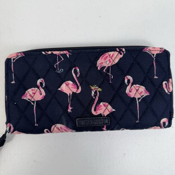 Vera Bradley Flamingo Fiesta Quilted Zip Around Wallet RFID Navy Pink Birds - Picture 3 of 14